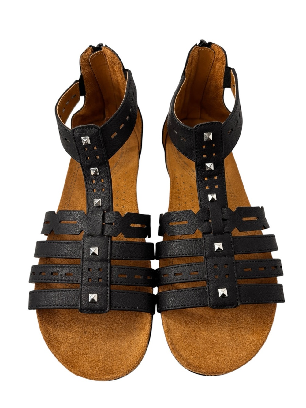 Natural Soul Antigua Sandals Black Strappy Studded Zip Closure Size 9W Gladiator